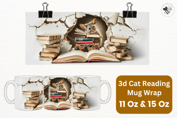 3D Cat Reading Mug Wrap Template No. 14