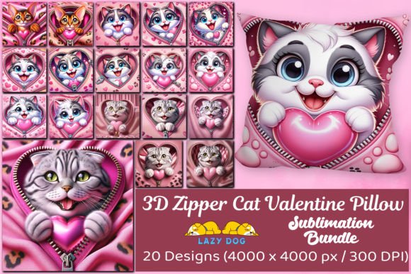 3D Zipper Kawaii Cat Valentine Pillow Bundle