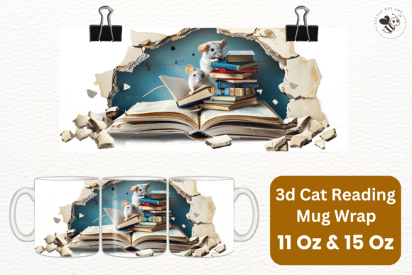 Charming 3D Cat Reading Mug Wrap Template